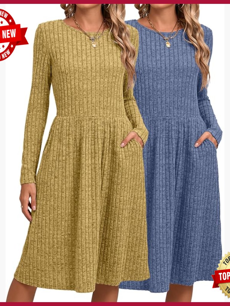 2 Pack Long Sleeve Ribbed Sweater Dress With Pockets Knee Length Casual